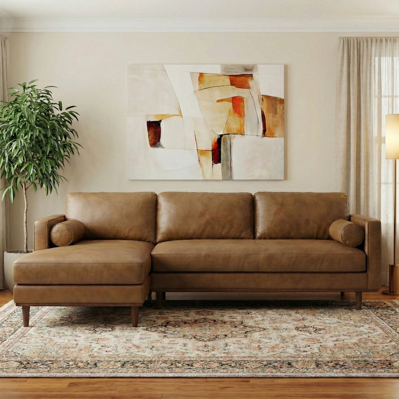 Canapé modulaire Morrison Mid Century, Cuir véritable caramel, Orienté à gauche (vu de face)