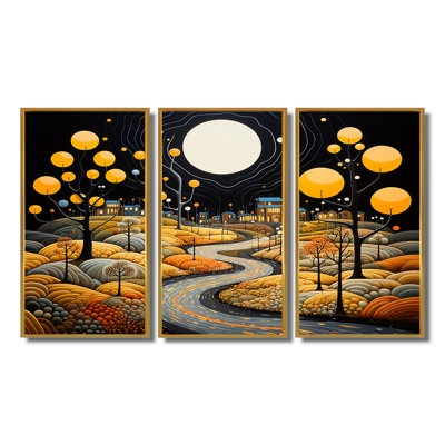 Arbres jaunes, pleine lune, route de campagne - ensemble d'art mural paysage abstrait