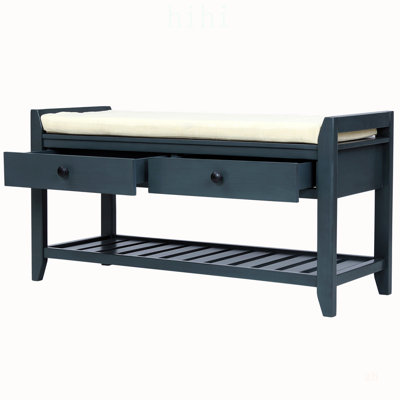 Antique Navy Shoe Rack with Cushioned Seat and Drawers, Multipurpose Entryway Storage Bench