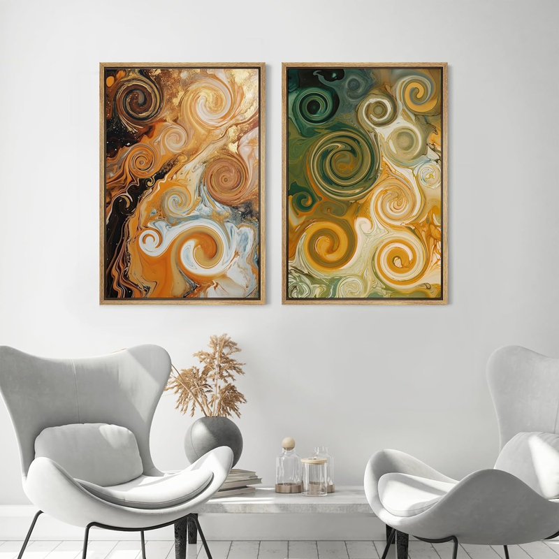 Geometric Shape " Multicolor Fluid Circle Colorful Modern " 2 - Pieces, 24" H x 32" W x 1.5" D, Natural