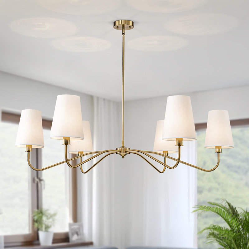 47”w Classic Chandelier With White Linen Shades, Gold