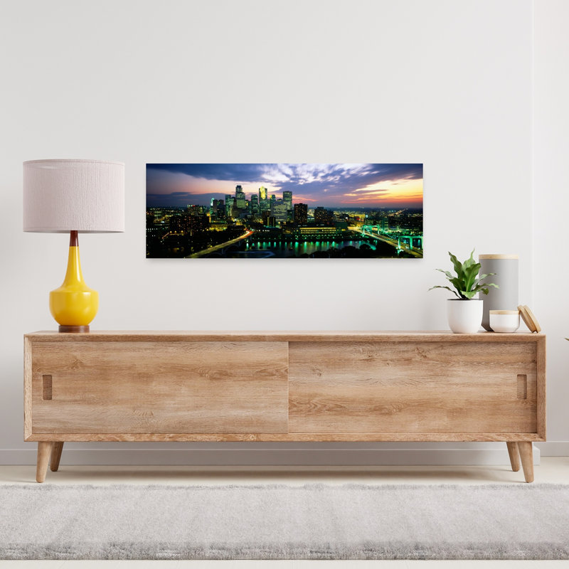 Buildings Lit Up At Dusk Minneapolis Minnesota USA by Walter Bibikow - Wrapped Canvas Panoramic Print