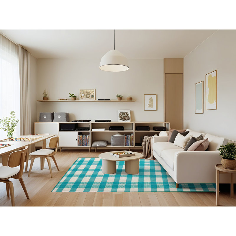 Machine Washable Checkered Green Area Rug, Rectangle 7' x 9'
