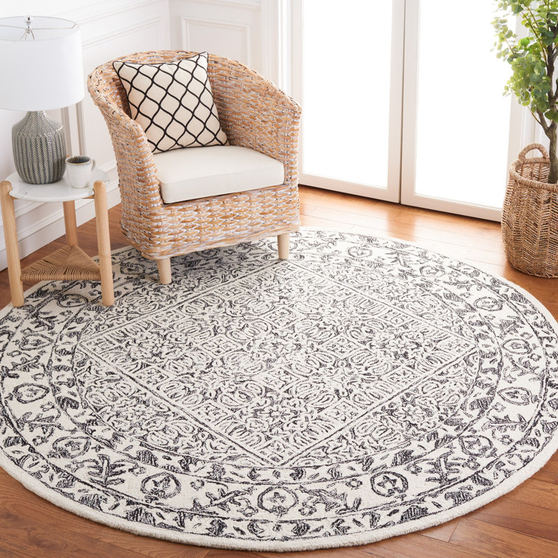Dip Dye Hand Tufted Wool/Cotton Oriental Rug in Black/Ivory, Round 7'