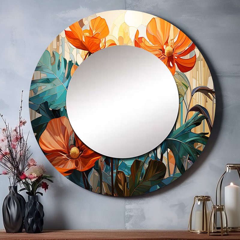 «Tropical Orange and Green Foliage II» - miroir mural palmiers, miroir décoratif rond vert, impression d'art en métal