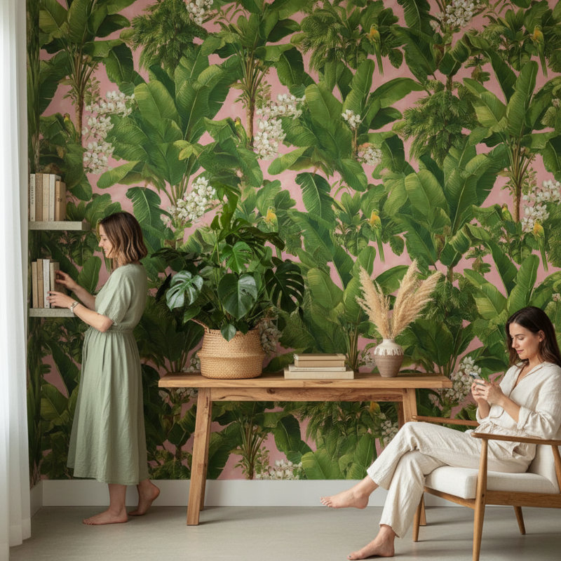 Rouleau de papier peint tropical mural amovible à motif de feuilles de bananier tropical