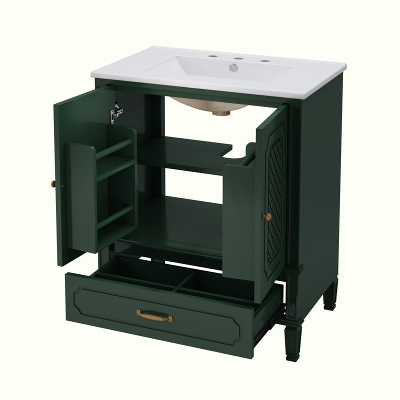 Meuble-lavabo avec lavabo et armoire avec tiroirs, Vert, Doré