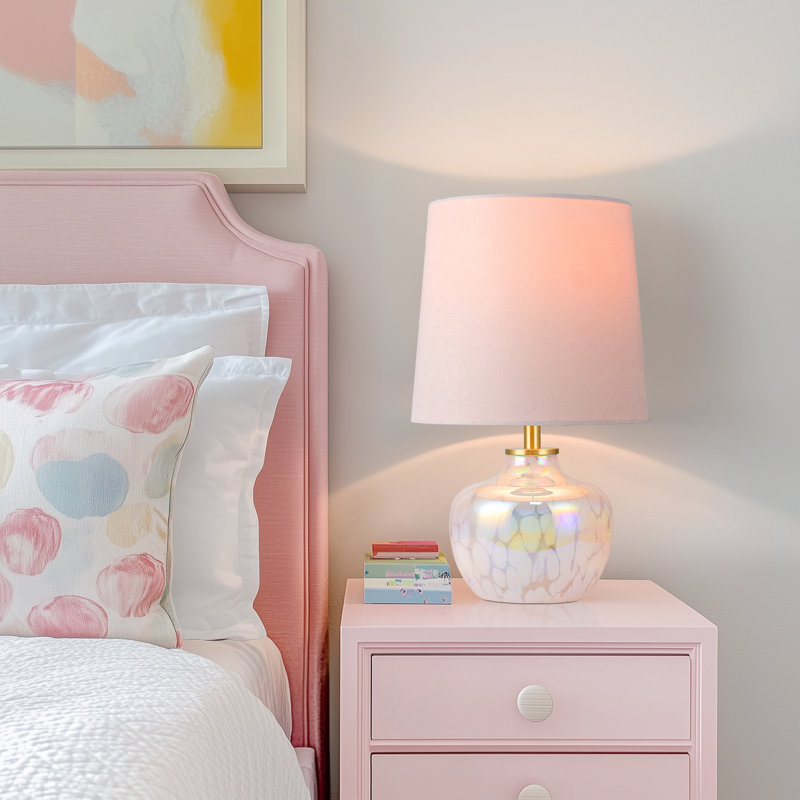 Muhedin 15'' Kids Table Lamp – Pink Glass Nightstand Lamp for Girls Room, Nursery, Bedroom, Cute Small Accent Lamp with Velvet Shade, Perfect Gift for Daughter & Granddaughter