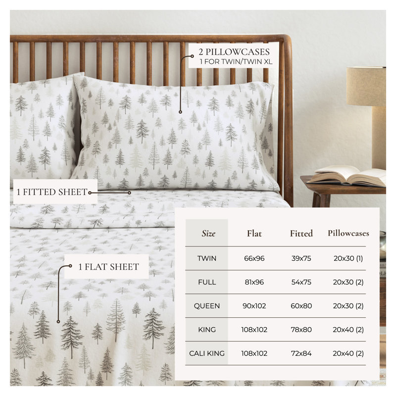 Ensemble de draps 100% flanelle de coton, Double avec 2 taies d'oreiller, Truckee - Grey