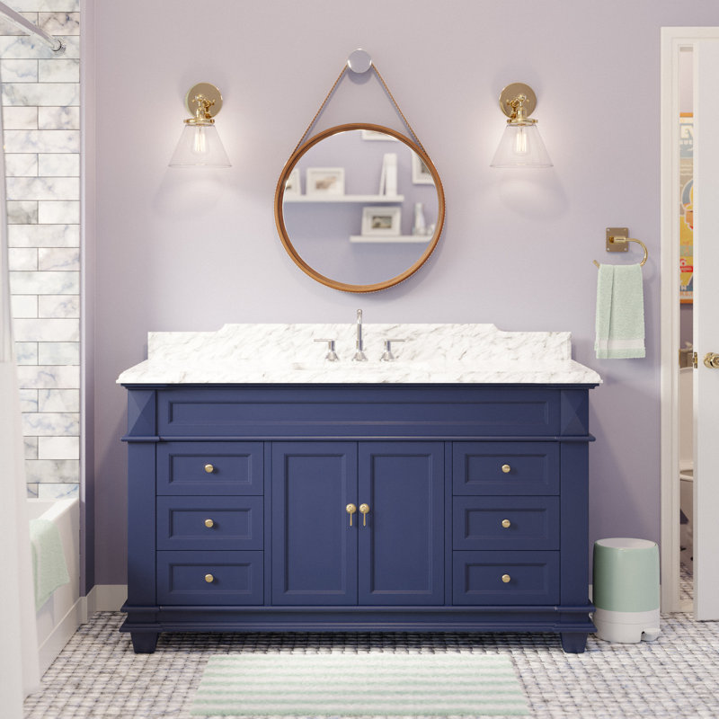 Ensemble de meuble-lavabo simple pour la salle de bain de 60 po Ensa, Marbre de Carrare, Bleu royal