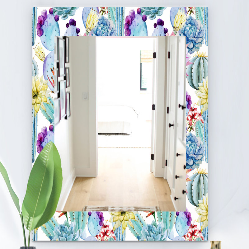 Cactus de fleurs avec miroir mural tropical, H 39,4 po x l 29,5 po