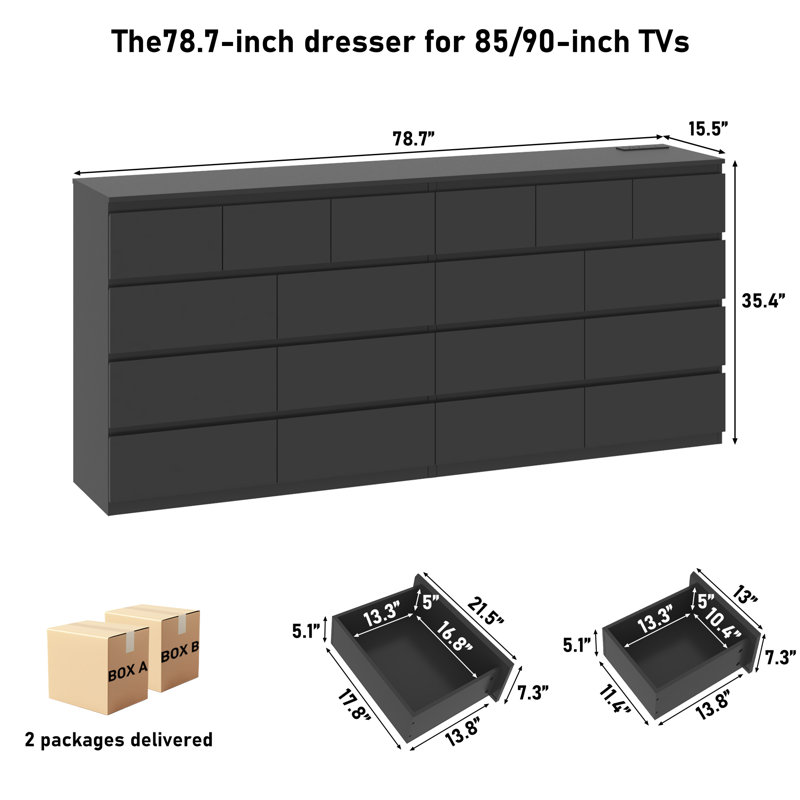 79 Inch Oversized Black Malm Dresser With 18 Drawers & Charging Station, Modern Handle-Free Wood Chest Of Drawers For Bedroom, Living Room, Entryway