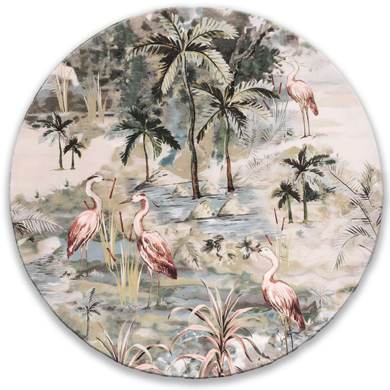 "Exotic Heron Landscape" Washable Cotton Area Rug, Round 4'11"