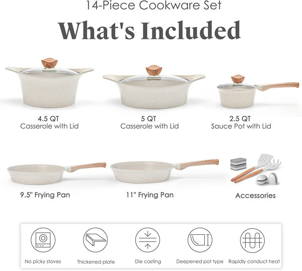 10pcs Nonstick Pots and Pans Set - Detachable Handle - Induction