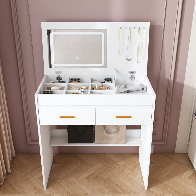 Bureau de coiffeuse à plateau rabattable avec miroir lumineux à DEL réglable et prise USB intégrée - coiffeuse de maquillage blanche avec 2 tiroirs, rangement ouvert et crochets à bijoux