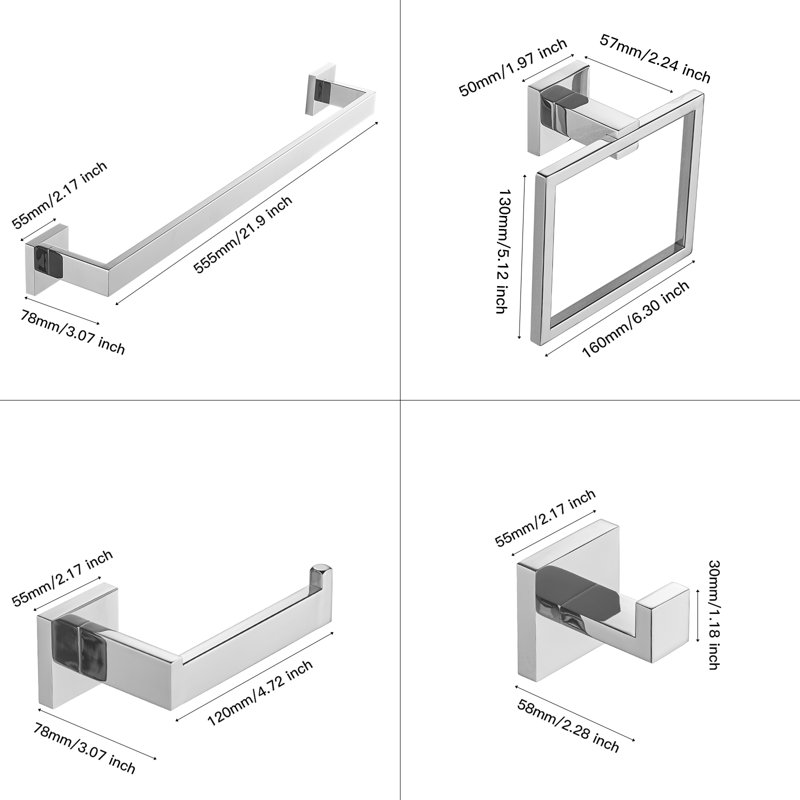 Ensemble de quincaillerie de salle de bain 4 pièces: barre à serviettes, crochet à serviette et anneau à serviette pour mur de salle de bain