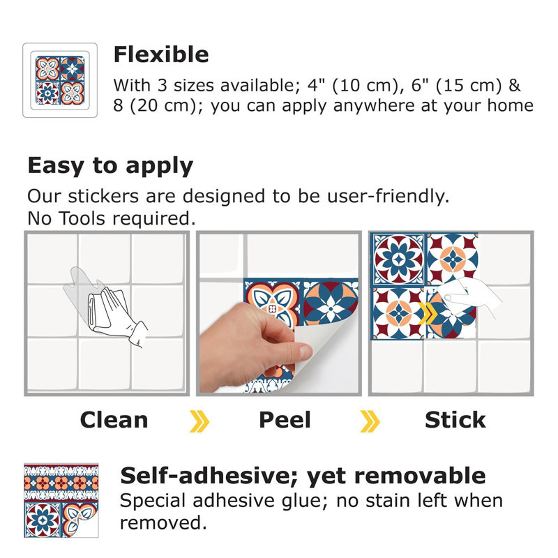  Red & Blue Talavera PVC Peel & Stick Mosaic Tile Sticker 20cm x 20cm 