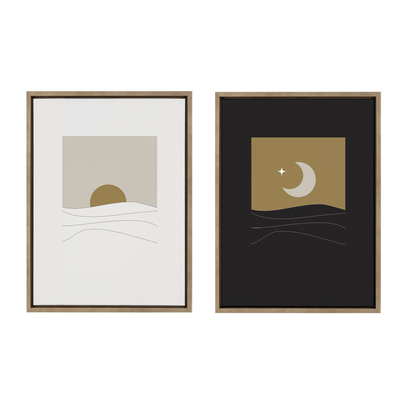 «Modern Sunrise and Sunset Over the Ocean» par The Creative Bunch Studio, ensemble d'art mural sur toile encadrée, Doré