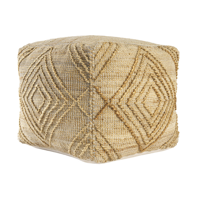 Chatav Hand-woven Jute Geometric Tan Upholstered Ottoman Pouf