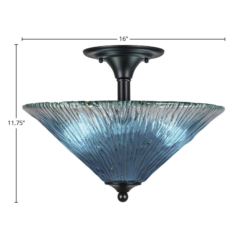 Semi-Flush 2 Bulbs With 16" Crystal Glass, Matte Black, Teal