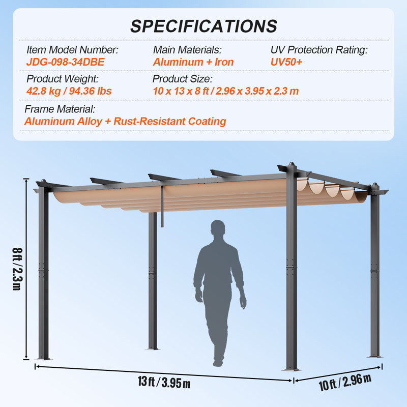 Pergola d'extérieur rétractable avec auvent en aluminium, Beige, H 90,55 po x l 116,54 po x P 15,55 po