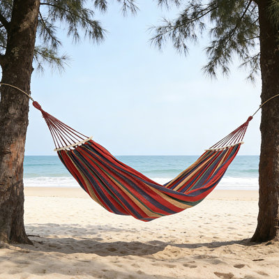 Hamac double en toile avec barre en bois, rayé bleu-vert, capacité de 500 lb, portable avec sac de rangement, 2 cordes d'arbre et manuel