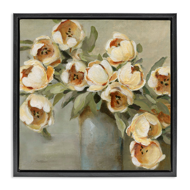 Fleurs courbées dans un vase avec cadre flottant, design par Carol Robinson, Cadre flottant noir de jais, H 18 po x l 18 po