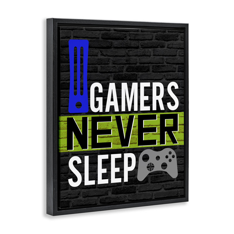 «Gamers Never Sleep», art mural encadré sur toile flottante par Kim Allen, Cadre flottant noir de jais, H 21 po x l 17 po