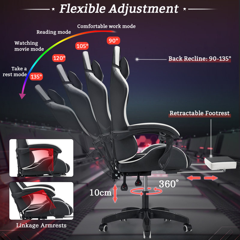 Fauteuil de jeu ergonomique à DEL avec coussin lombaire à massage, Blanc/Noir