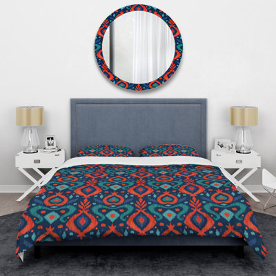 Ensemble de housse de couette abstrait orange et bleu Ikat Ogee - Microfibre de polyester