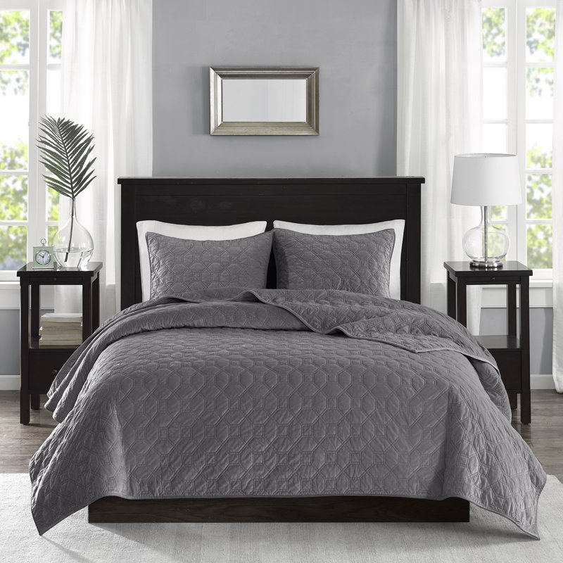 Harper 3 Piece Velvet Quilt Set, Full/Queen Coverlet + 2 Standard Shams, Grey