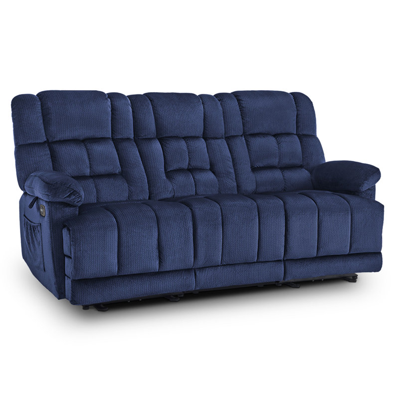 Power Reclining Sofa with Convertible Drop-Down console, Heat and Massage, 3 Seat Recliner Couch, Navy