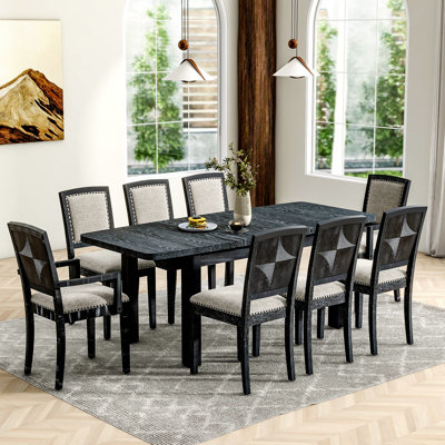 Rustic Extendable Dining Table Set With Removable Leaf , 6 Upholstered Armless Dining Chairs And 2 Padded Arm Chairs, 9 Pieces