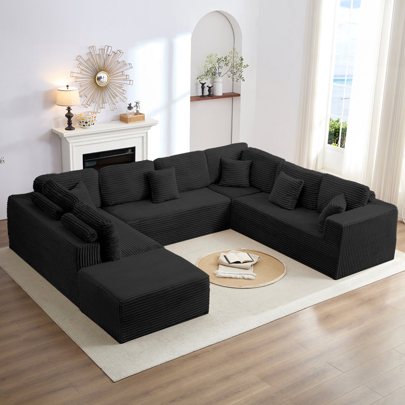 Canapé modulaire modulaire en U avec repose-pieds mobile en velours côtelé noir, Noir