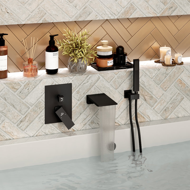 Doux Wall Mounted Waterfall Tub Spout with Diverter and Handheld Shower Head, Matte Black