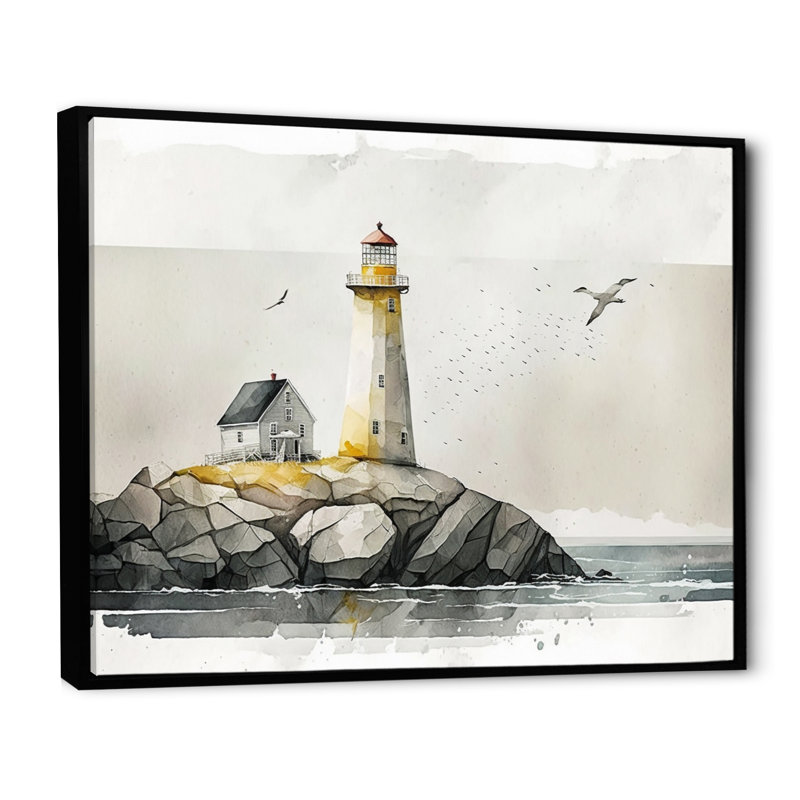 Phare sur la côte II - phare côtier, art mural, H 24 po x l 32 po x P 1 po, Toile avec cadre flottant noir
