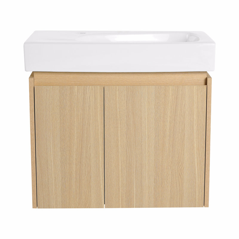 Meuble-lavabo de salle de bain avec lavabo en céramique, ensemble de meuble-lavabo mural flottant, avec portes doubles, Brun