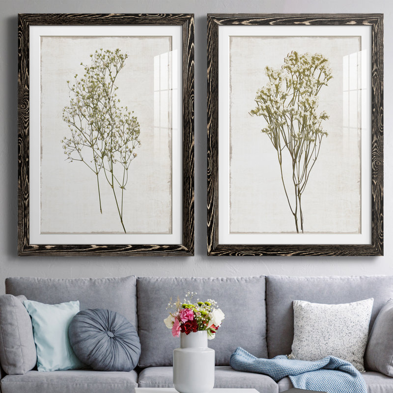 «Farmhouse Pressed Flower I», ensemble de 2 impressions, H 31,5 po x l 47 po x P 1,5 po, Papier encadré noir