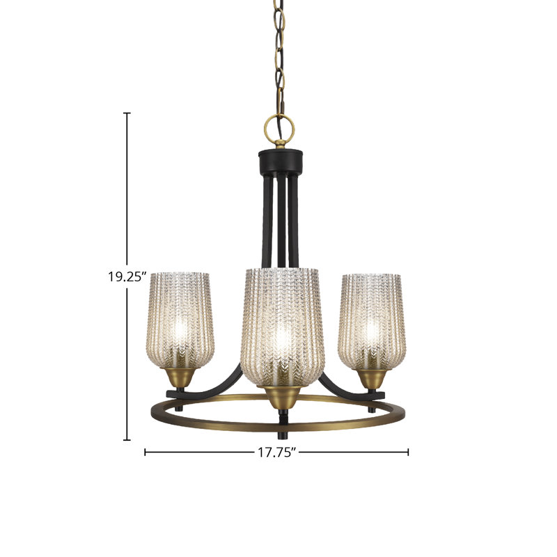 Paramount 3 Light Uplight Chandelier With 5" Silver Textured Glass, Matte Black/Brass