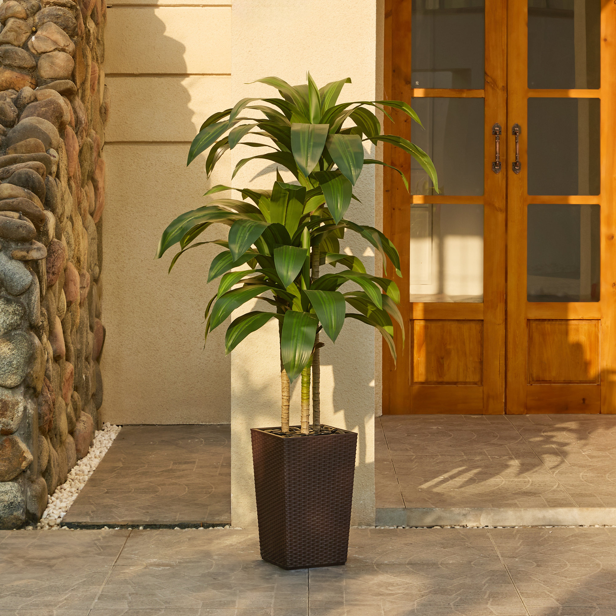 Adcock UV Resistant Artificial Green Dracaena Tree, Faux Tree with Large Base for Indoor Outdoor, Brown