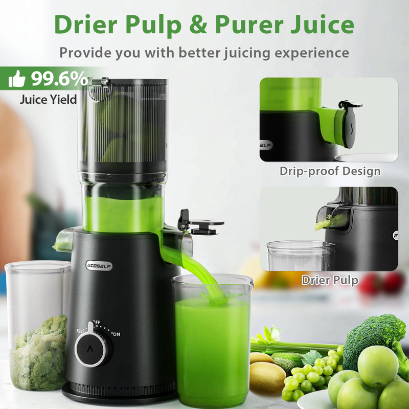 ECOSELF Cold Press Juicer with 4.35" Large Feed Chute Fit Whole Fruits and Vegetables & Easy to Clean, Black
