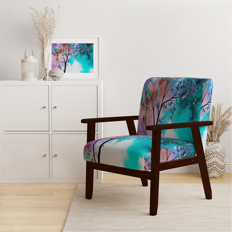 Geidel - Abstract Flowers - Upholstered Traditional Accent Arm Chair, Blue/Purple Polyester, Brown Square Arms