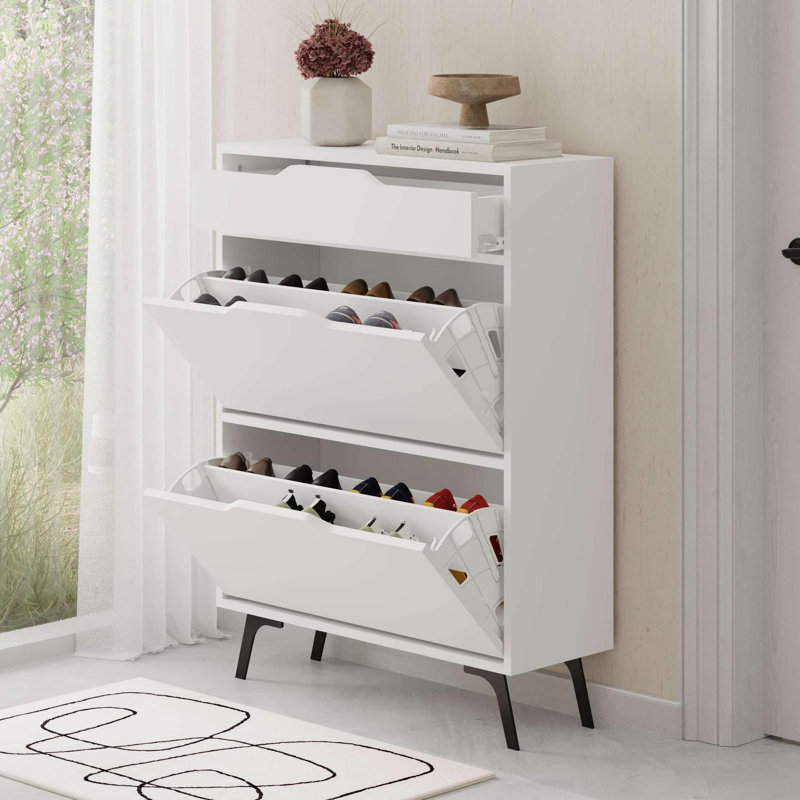 Elegant Shoe Cabinet with Numerous Shelves, White Finish, 32.2 x 43.3 x 11.6 Inches | 100% Melamine Coated Particle Board, Thickness: 0.7 Inches | Wall-Mountable Design Perfect for Space-Saving Entryway Storage
