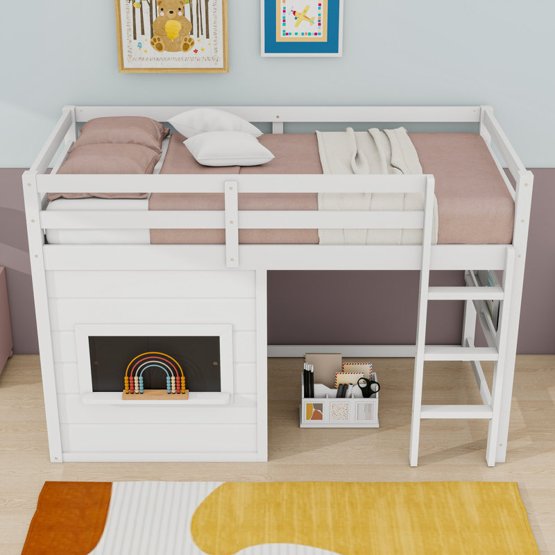 Charmant lit mezzanine en bois avec tableau noir, tablette et échelle, Lit simple, Blanc