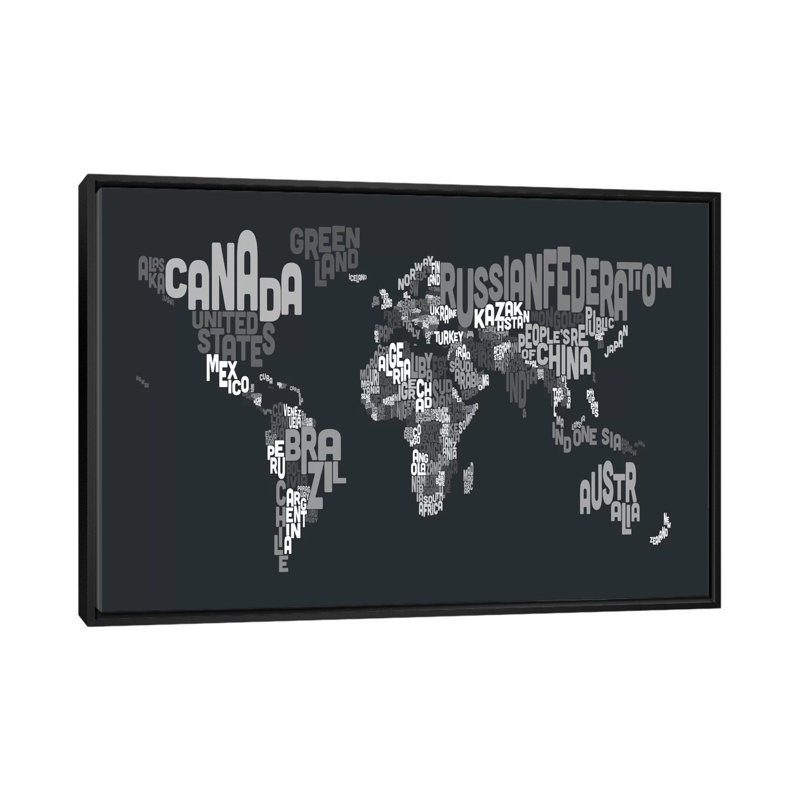 Impression sur toile, "carte du monde" Karlskrona, H 18 po x l 26 po x P 1,5 po, Toile avec cadre flottant noir, Pas de tapis
