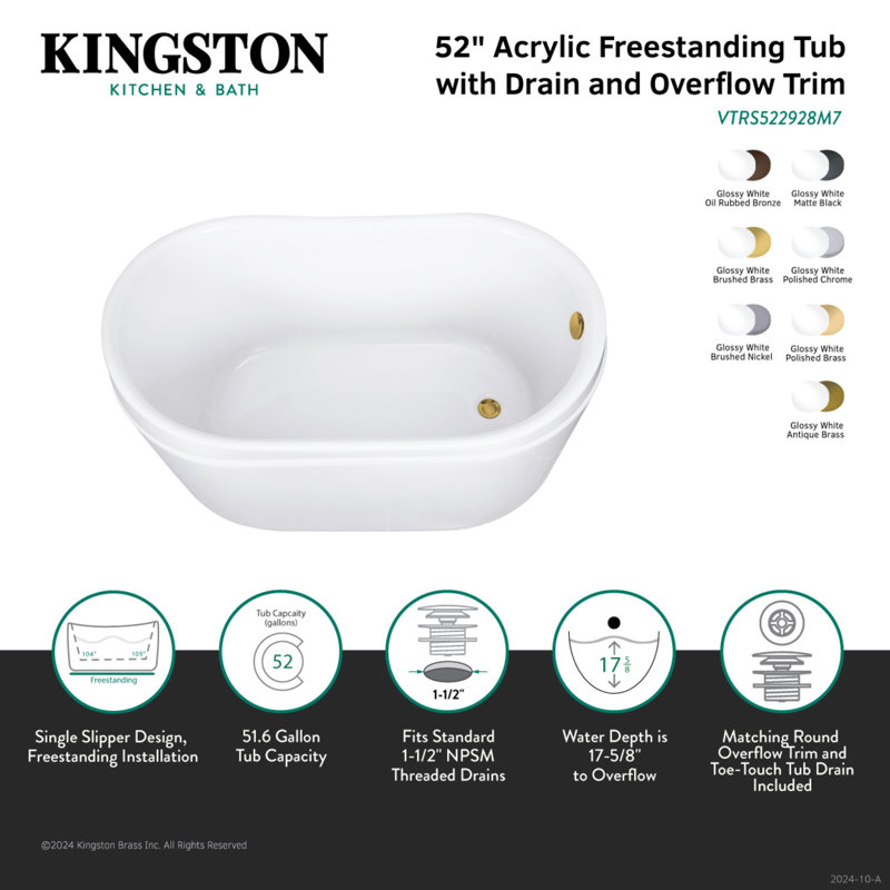 Kingston Brass Aqua Eden 52-Inch Acrylic Oval Double Slipper Freestanding Tub with Overflow/Drain Assembly, Brushed Brass