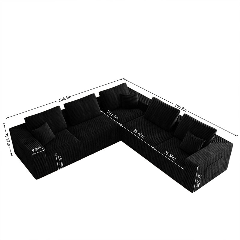 Boneless Abdou 106.2" L-Shaped Compression Sectional Sofa With Chaise, Corduroy Cloud Couch, Black Corduroy