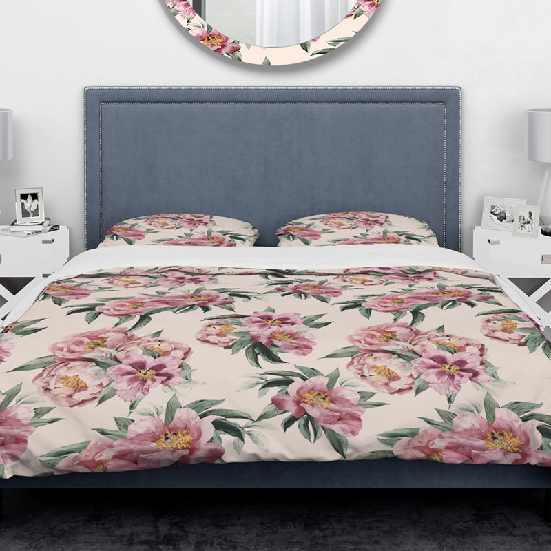 Ensemble de housse de couette designart pivoines, Housse de couette très grand + 2 taies décoratives