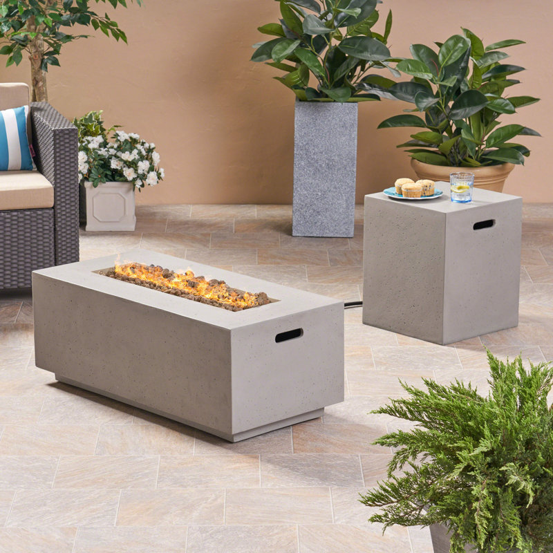 Caelan Rectangle Lightweight Concrete/MGO Propane Smokeless Fire Pit Table, Light grey