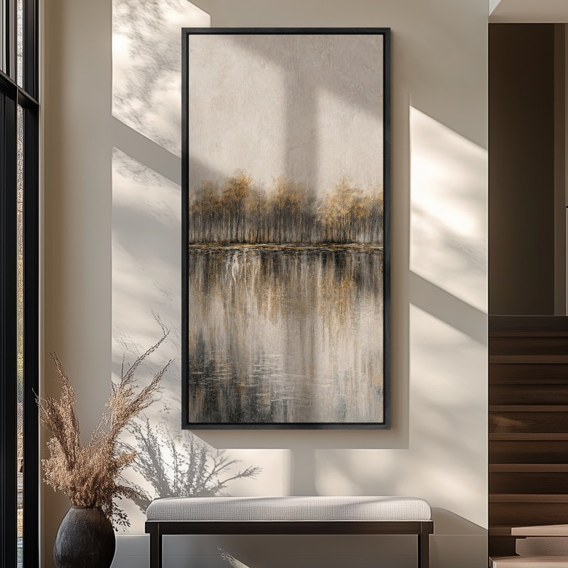 Art mural très grand, impression de forêt neutre neutre avec grands arbres et eau calme, H 30 po x l 60 po, Black